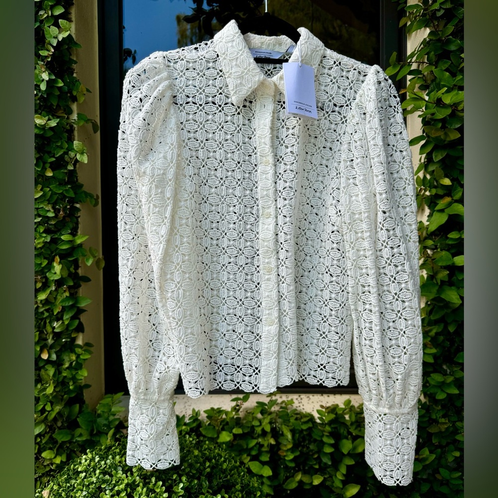 & Other Stories White Crochet Lace Button-Up Puff Sleeve Top